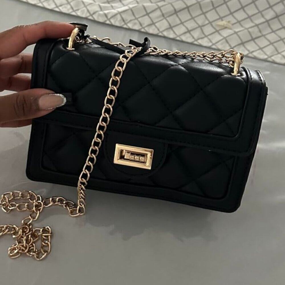 Quilted Crossbody Bag Black Vegan Leather Mini Shoulder Purse